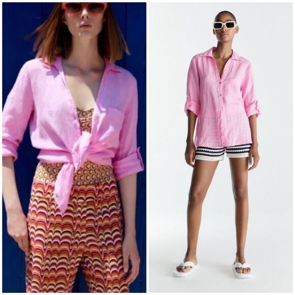 Zara Long Sleeve Linen Button Down Shirt S Pink - Picture 9 of 11